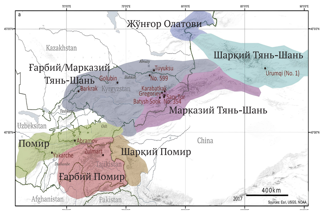 Асосий тоғ тизмалари ва музликлар харитаси. Манба: Barandun et. al (2020).